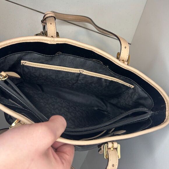 Michael Kors Black Tan Patent Leather Monogram Tote Shoulder Bag Womens Designer - Picture 9 of 11